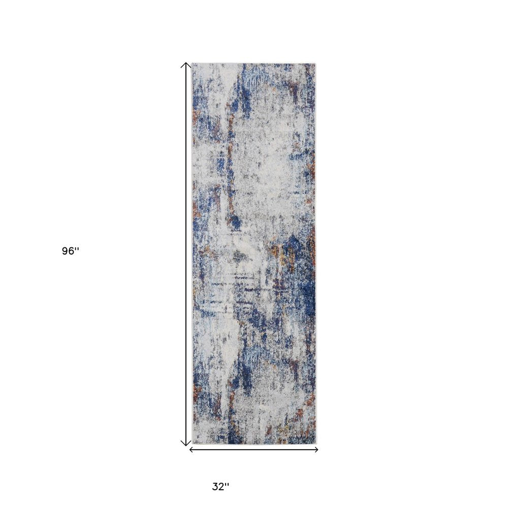 10' X 14' Ivory And Blue Abstract Power Loom Distressed Stain Resistant Area Rug
