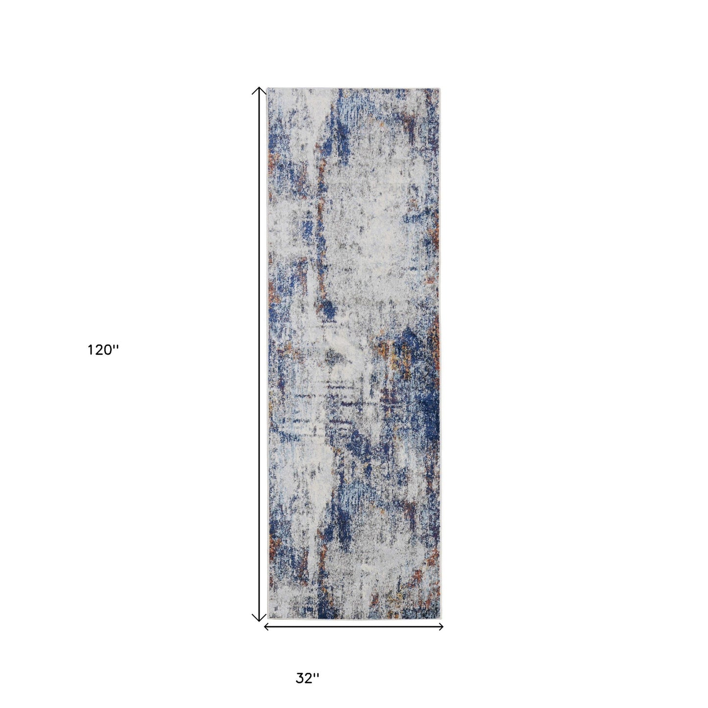 9' X 12' Ivory And Blue Abstract Power Loom Distressed Stain Resistant Area Rug