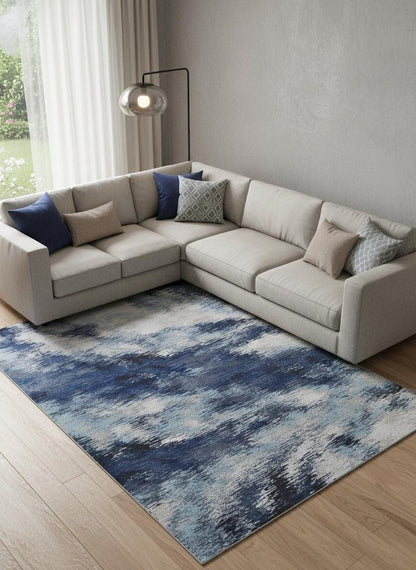 10' X 14' Blue And Ivory Abstract Power Loom Stain Resistant Area Rug