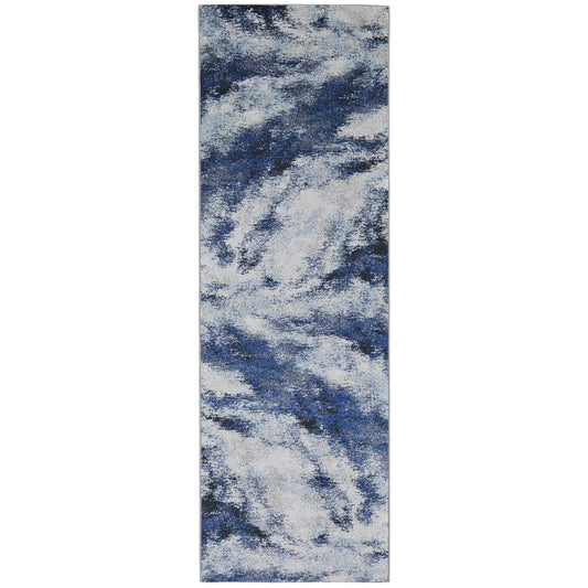 3' X 5' Blue And Ivory Abstract Power Loom Stain Resistant Area Rug