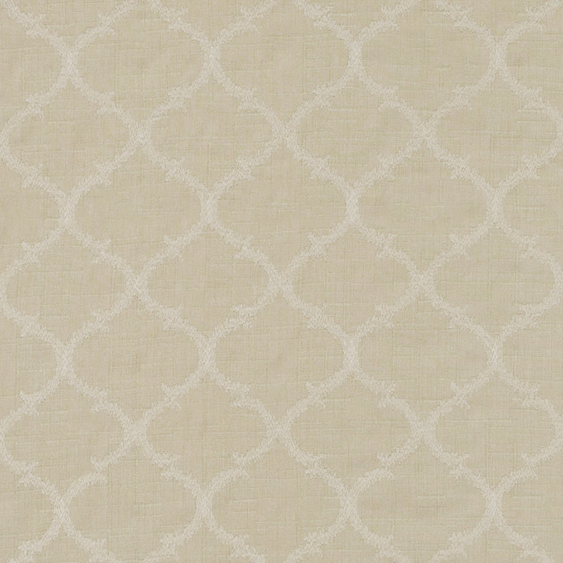 Beige fabric with white trellis lattice damask pattern; soft, decorative upholstery or wallpaper texture.