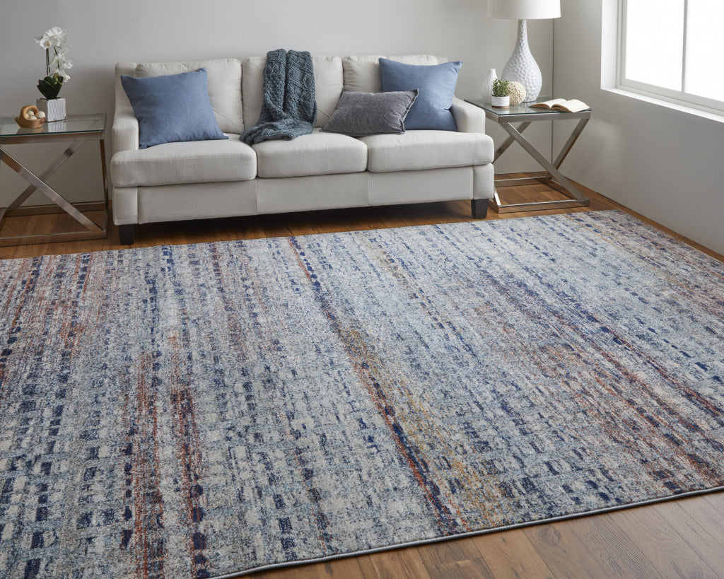 10' X 14' Blue Ivory And Orange Abstract Power Loom Stain Resistant Area Rug