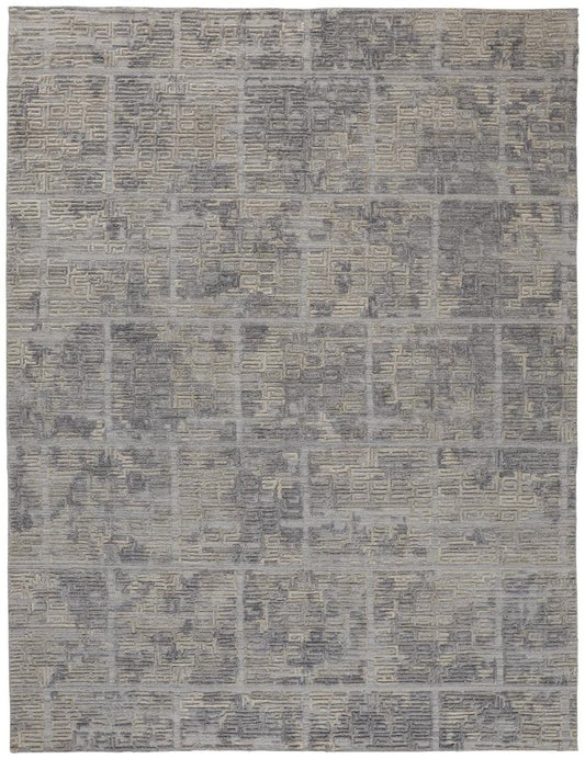 10' Gray and Ivory Abstract Hand Woven Runner Rug