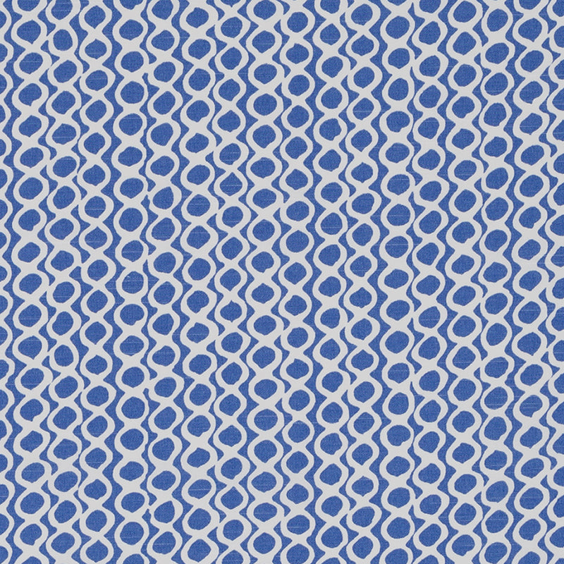 Blue fabric with a repeating white interlocking loop/chain pattern, textile print.