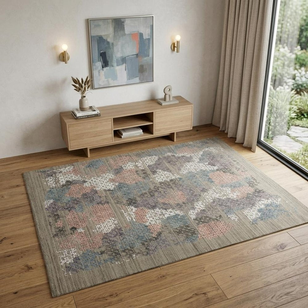 9' X 12' Pink Blue And Taupe Abstract Hand Woven Area Rug