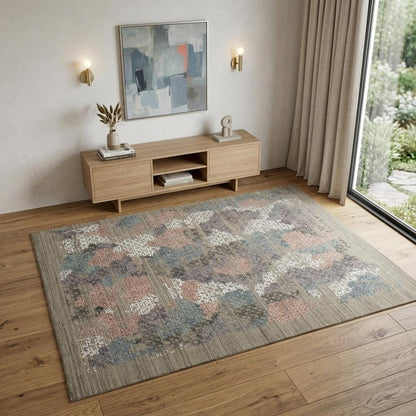 9' X 12' Pink Blue And Taupe Abstract Hand Woven Area Rug