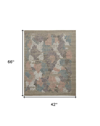 9' X 12' Pink Blue And Taupe Abstract Hand Woven Area Rug