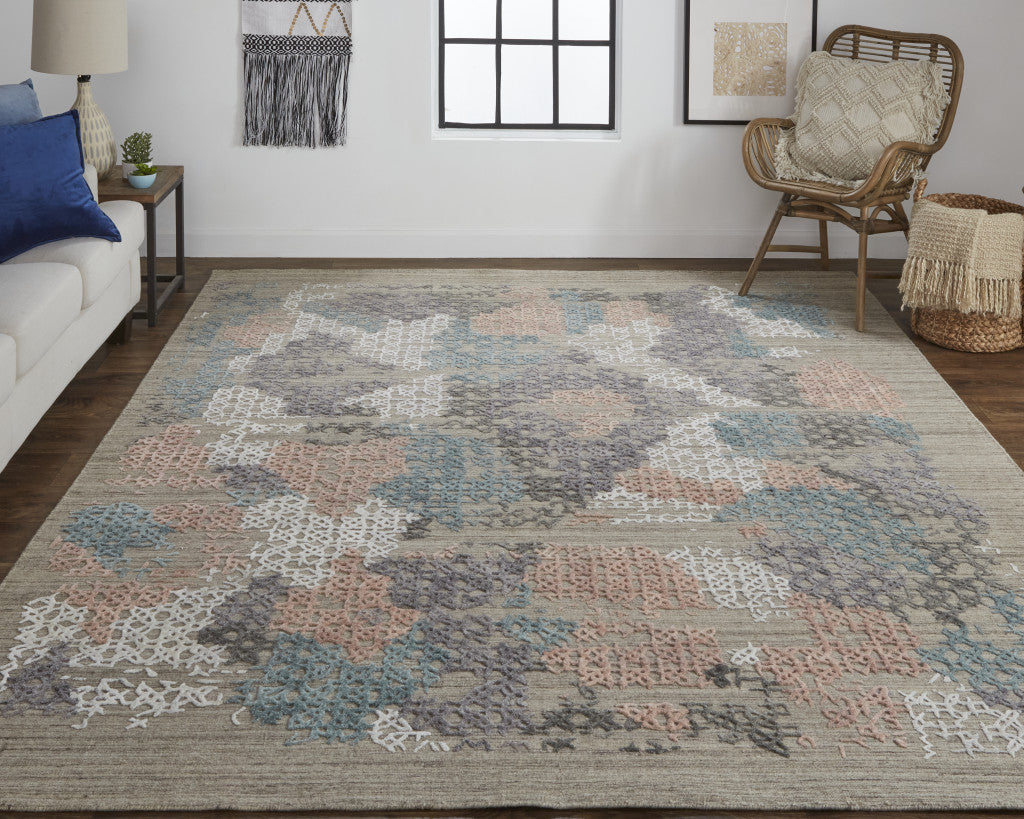 4' X 6' Pink and Blue Abstract Hand Woven Distressed Area Rug