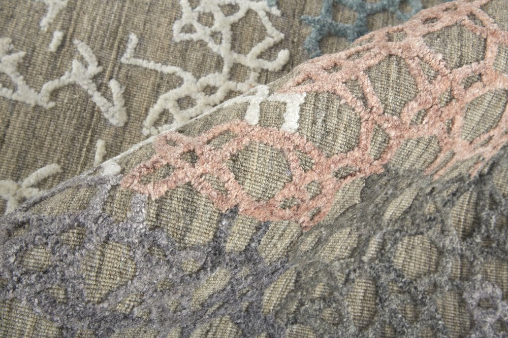 9' X 12' Pink Blue And Taupe Abstract Hand Woven Area Rug