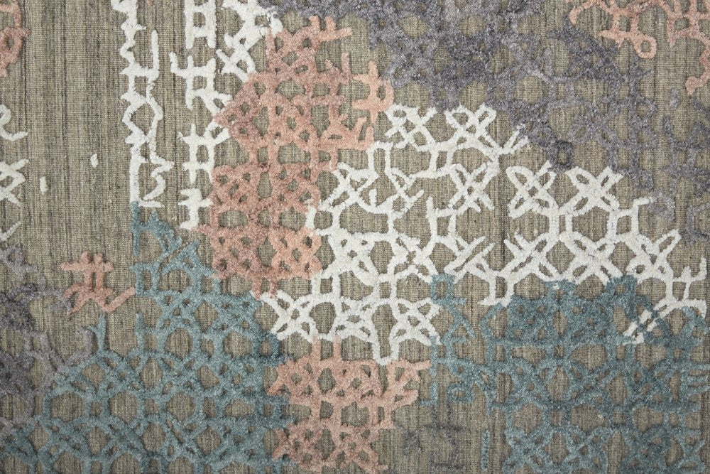 9' X 12' Pink Blue And Taupe Abstract Hand Woven Area Rug