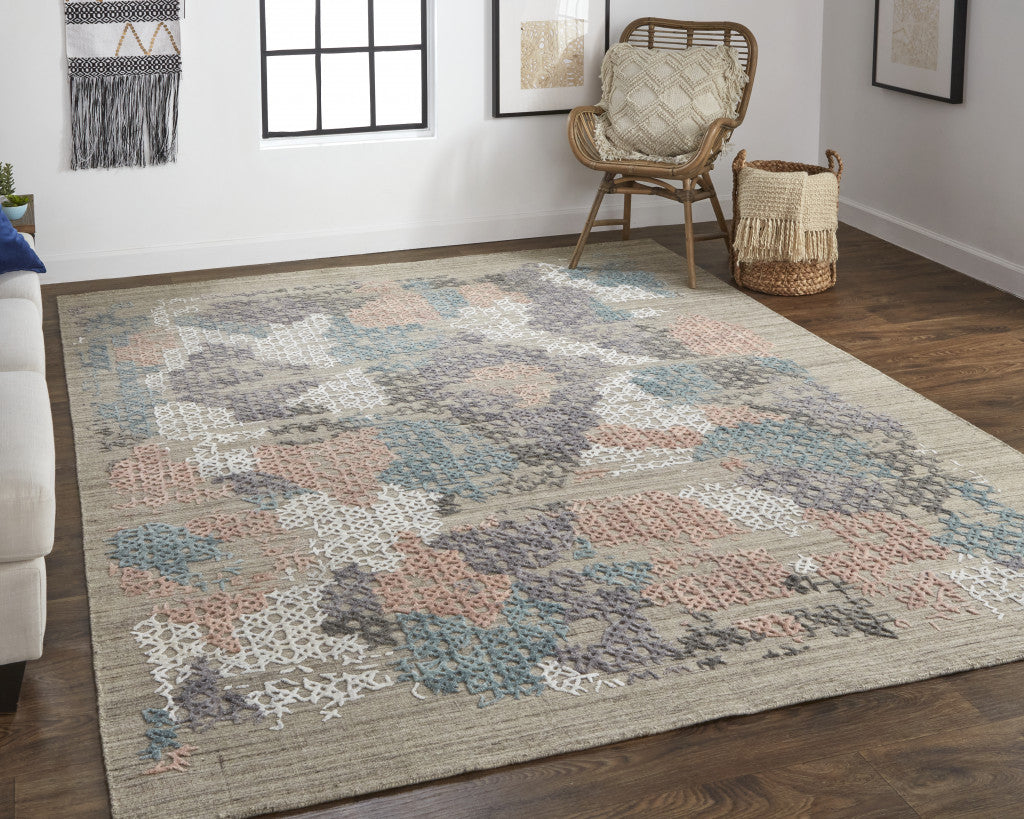 4' X 6' Pink and Blue Abstract Hand Woven Distressed Area Rug