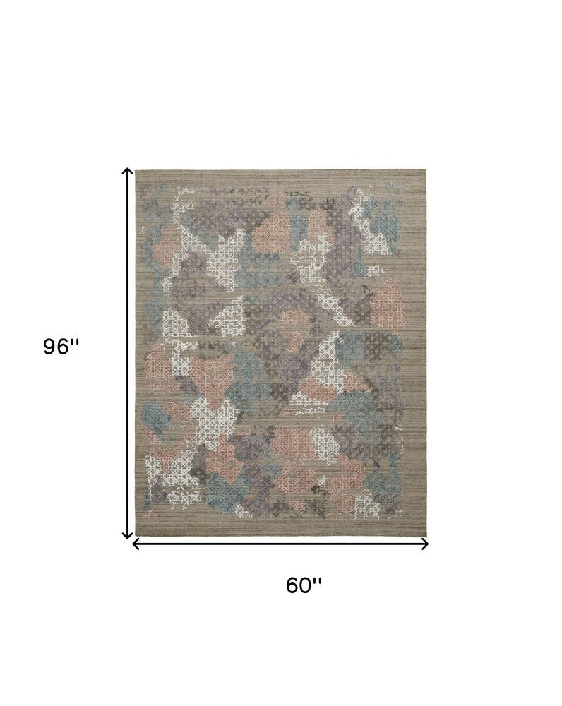 9' X 12' Pink Blue And Taupe Abstract Hand Woven Area Rug