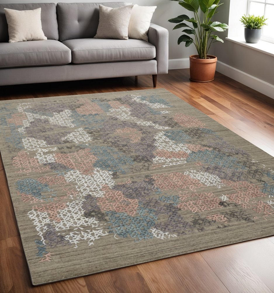 9' X 12' Pink Blue And Taupe Abstract Hand Woven Area Rug