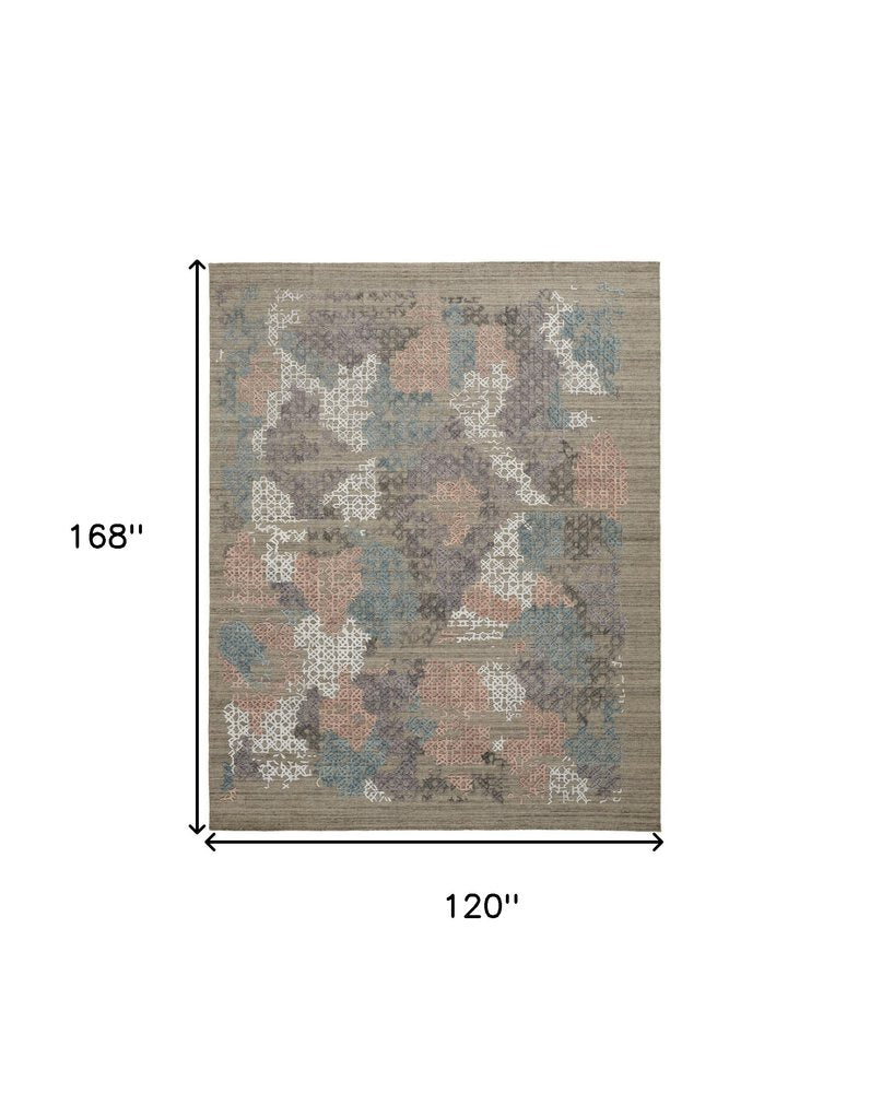 9' X 12' Pink Blue And Taupe Abstract Hand Woven Area Rug