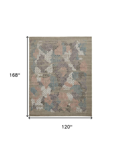 9' X 12' Pink Blue And Taupe Abstract Hand Woven Area Rug