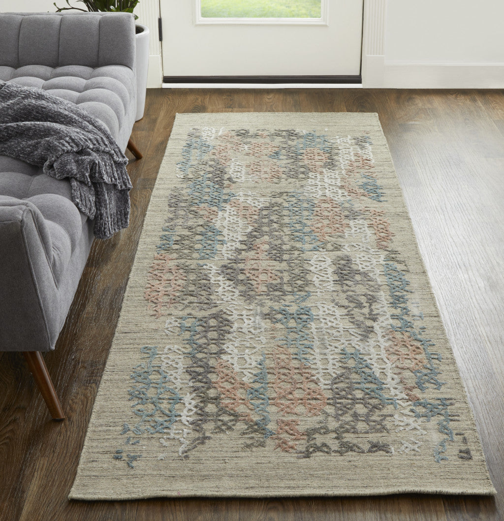 2' X 3' Pink Blue And Taupe Abstract Hand Woven Area Rug