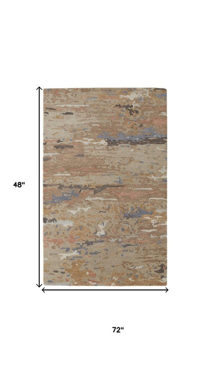 5' X 8' Tan and Blue Wool Abstract Hand Tufted Area Rug