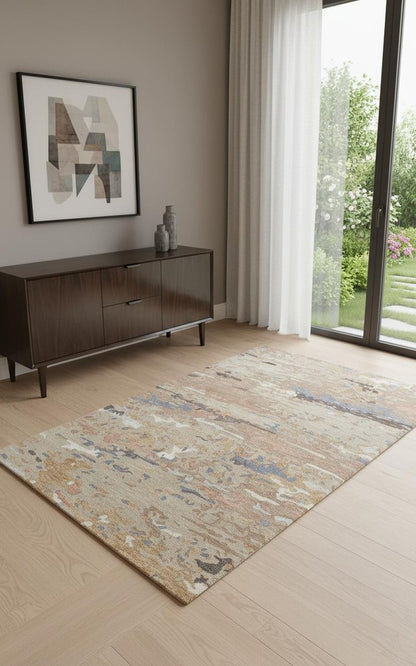 5' X 8' Tan and Blue Wool Abstract Hand Tufted Area Rug