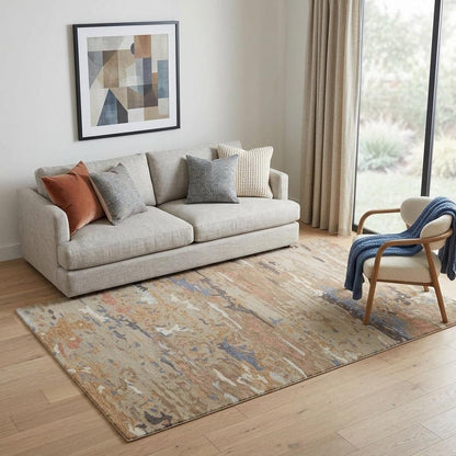 5' X 8' Tan and Blue Wool Abstract Hand Tufted Area Rug