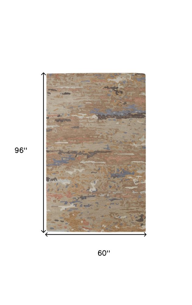 5' X 8' Tan and Blue Wool Abstract Hand Tufted Area Rug