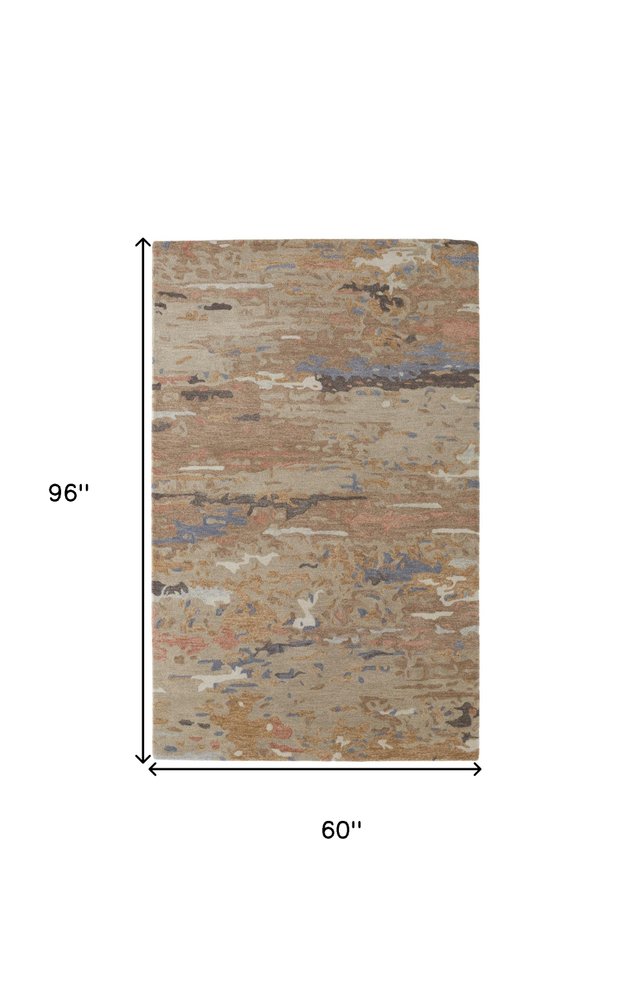 4' X 6' Tan And Blue Wool Abstract Tufted Handmade Stain Resistant Area Rug
