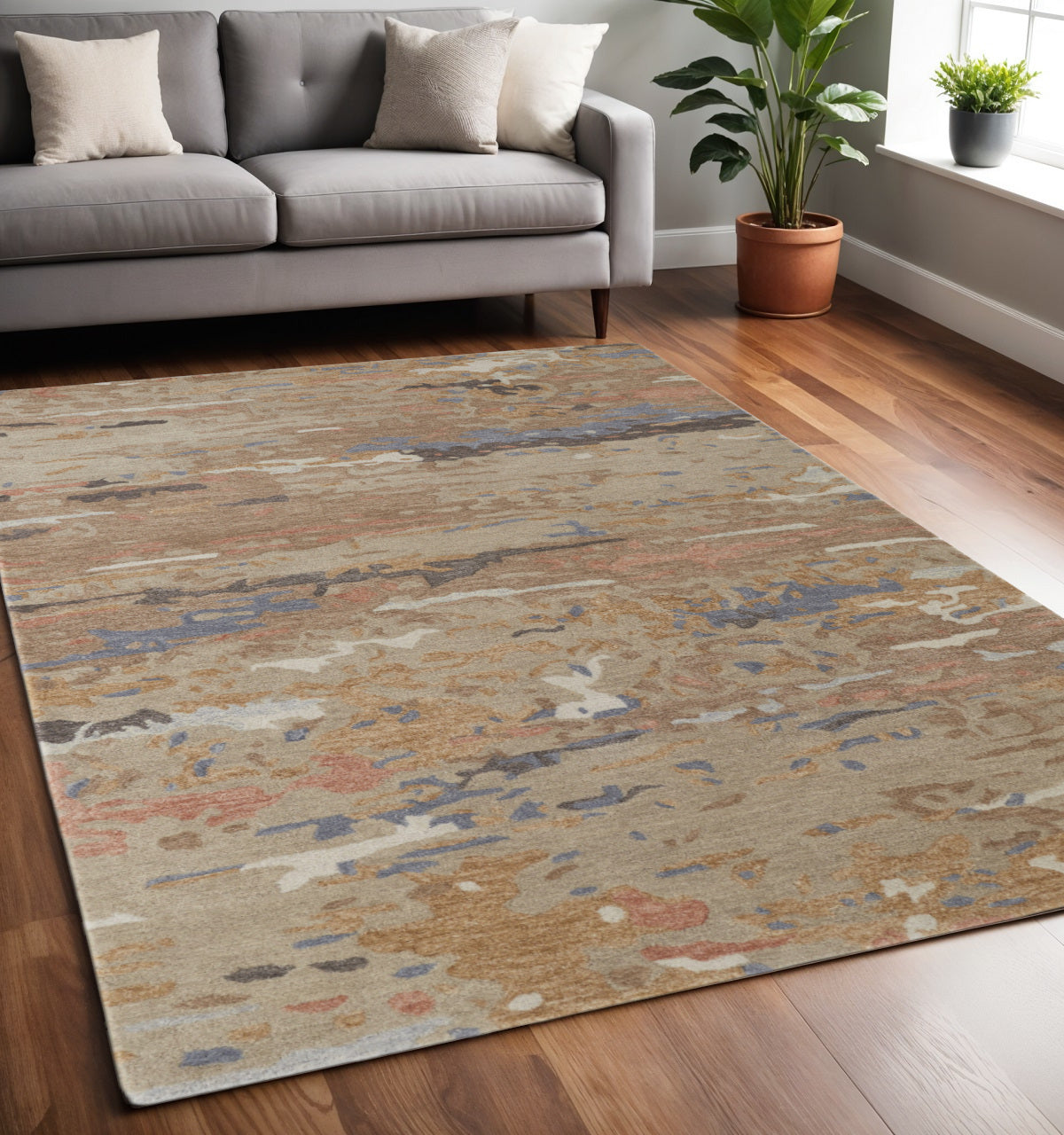 8' X 10' Tan and Blue Wool Abstract Hand Tufted Area Rug