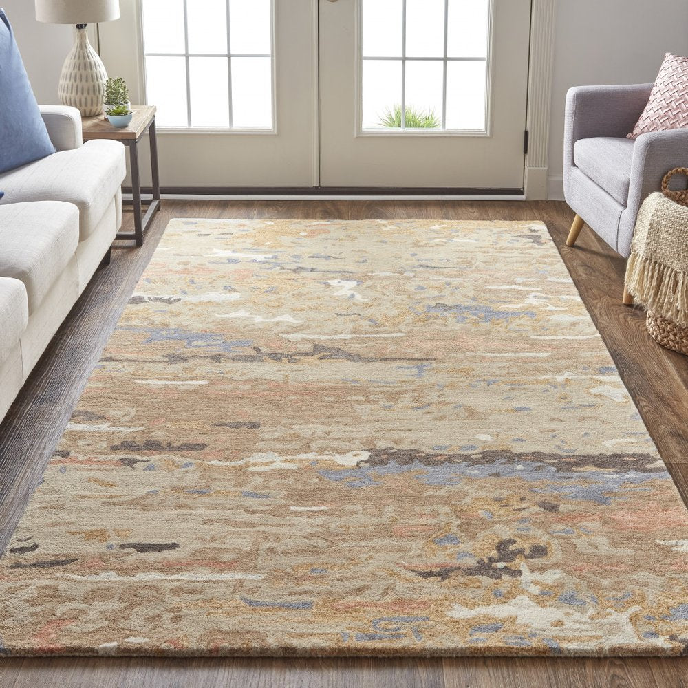 4' X 6' Ivory Blue And Brown Wool Abstract Tufted Handmade Stain Resistant Area Rug
