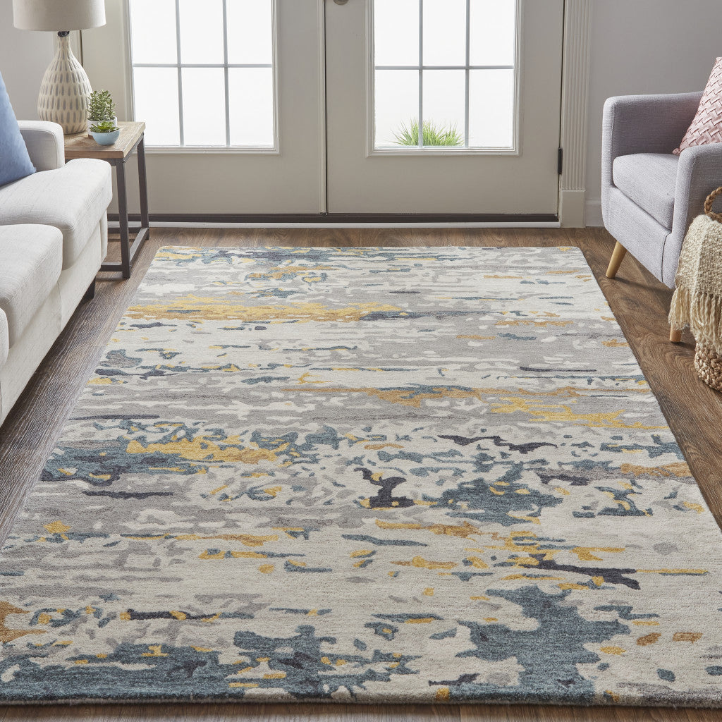 8' X 10' Gray Yellow And Blue Wool Abstract Tufted Handmade Stain Resistant Area Rug