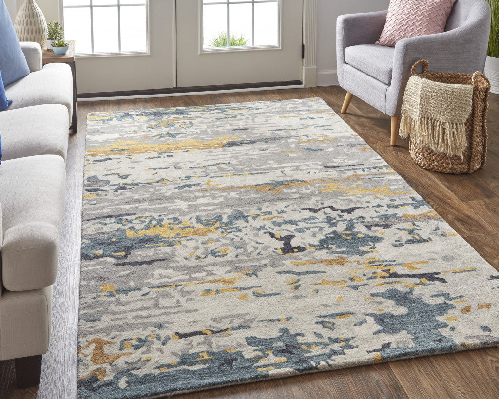 8' X 10' Gray Yellow And Blue Wool Abstract Tufted Handmade Stain Resistant Area Rug