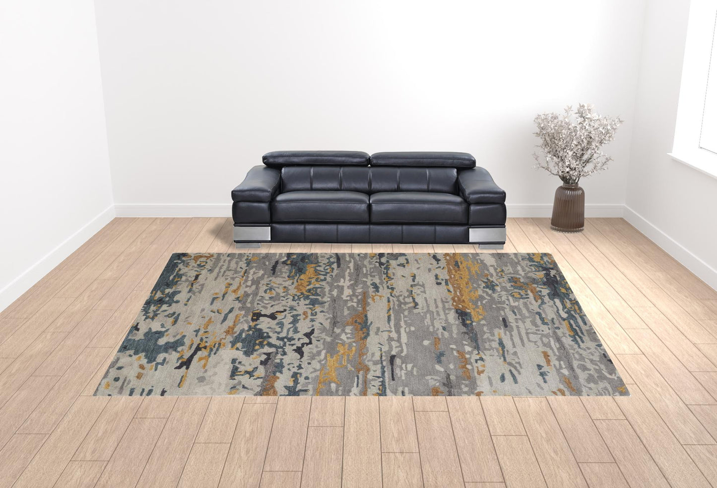 8' X 10' Gray Yellow And Blue Wool Abstract Tufted Handmade Stain Resistant Area Rug