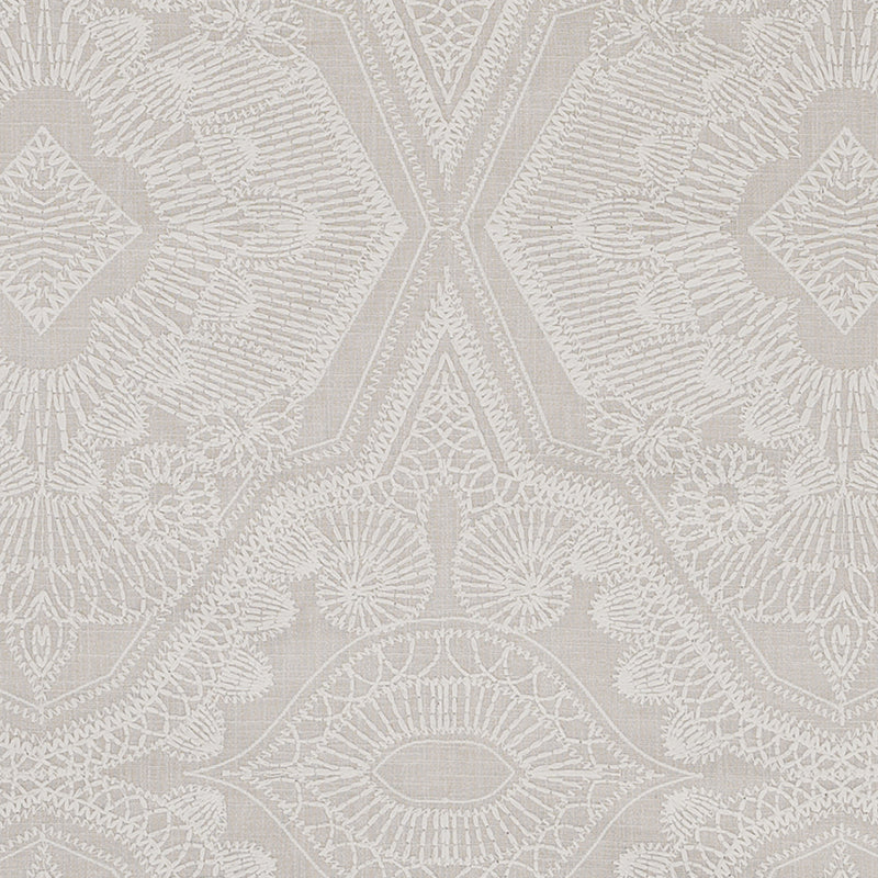 Cream damask drapery fabric featuring an ornate repeating floral-geometric motif & a subtle textured finish.