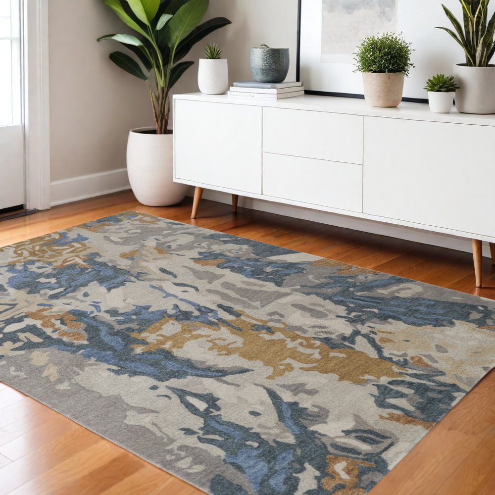 8' X 10' Gray Blue And Gold Wool Abstract Hand Tufted Area Rug