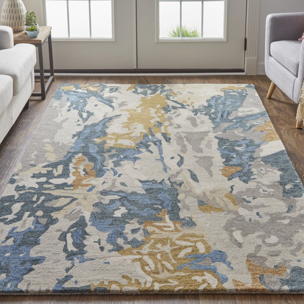 8' X 10' Gray Blue And Gold Wool Abstract Hand Tufted Area Rug