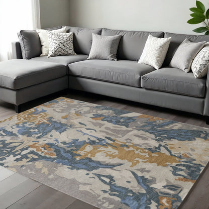 2' X 3' Gray Blue And Gold Wool Abstract Tufted Handmade Area Rug