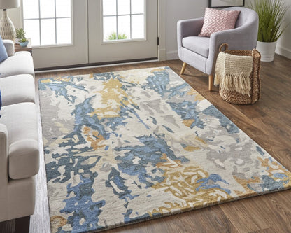 8' X 10' Gray Blue And Gold Wool Abstract Hand Tufted Area Rug