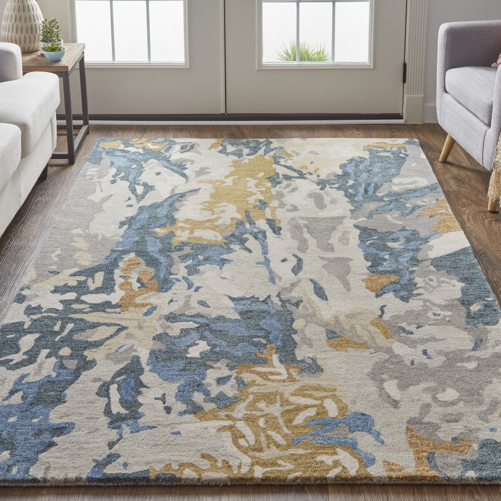 8' X 10' Gray Blue And Gold Wool Abstract Tufted Handmade Stain Resistant Area Rug