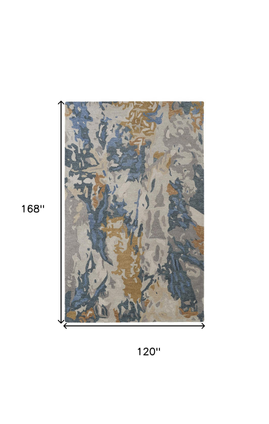 4' X 6' Gray Blue And Gold Wool Abstract Tufted Handmade Stain Resistant Area Rug