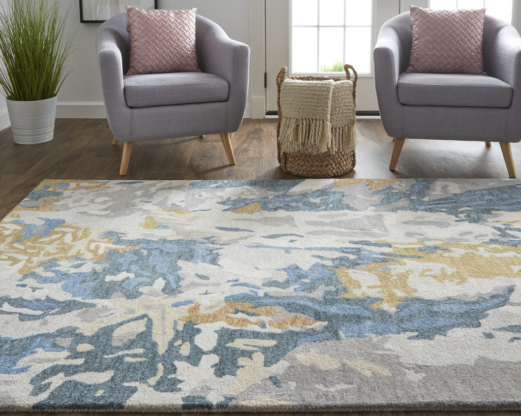 8' X 10' Gray Blue And Gold Wool Abstract Tufted Handmade Stain Resistant Area Rug