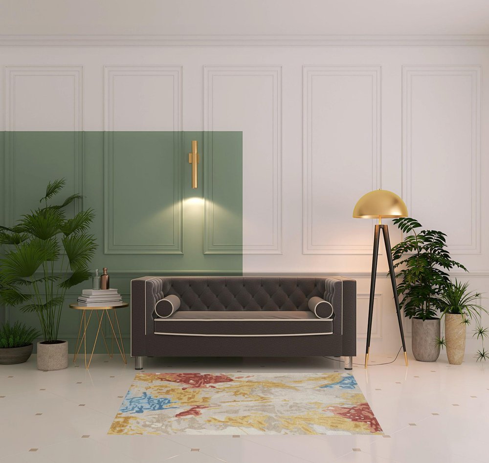 10' X 14' Ivory Yellow And Blue Wool Abstract Tufted Handmade Stain Resistant Area Rug