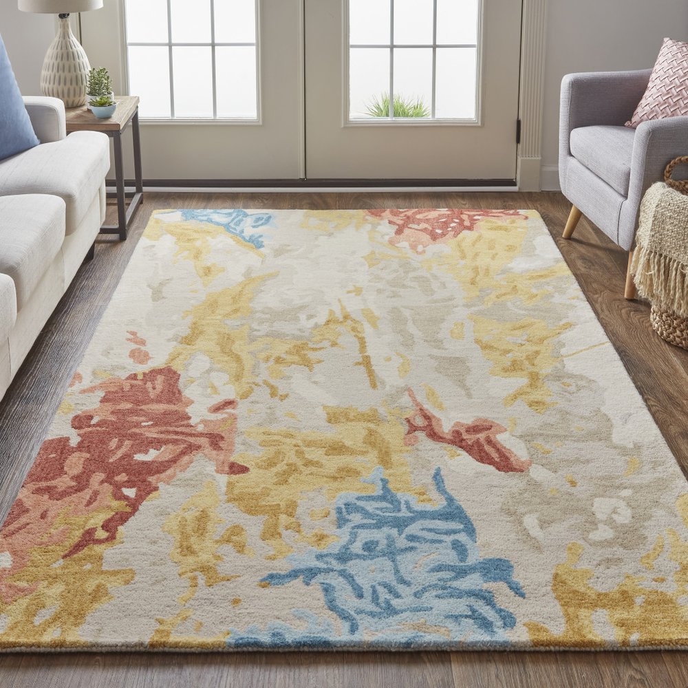 10' X 14' Ivory Yellow And Blue Wool Abstract Tufted Handmade Stain Resistant Area Rug