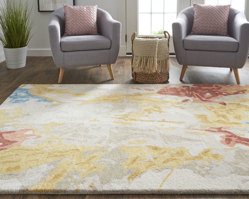 10' X 14' Ivory Yellow And Blue Wool Abstract Tufted Handmade Stain Resistant Area Rug