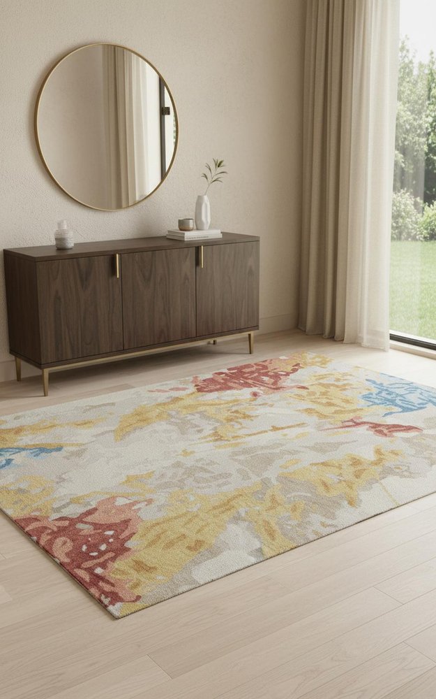 4' X 6' Ivory Yellow And Blue Wool Abstract Tufted Handmade Stain Resistant Area Rug