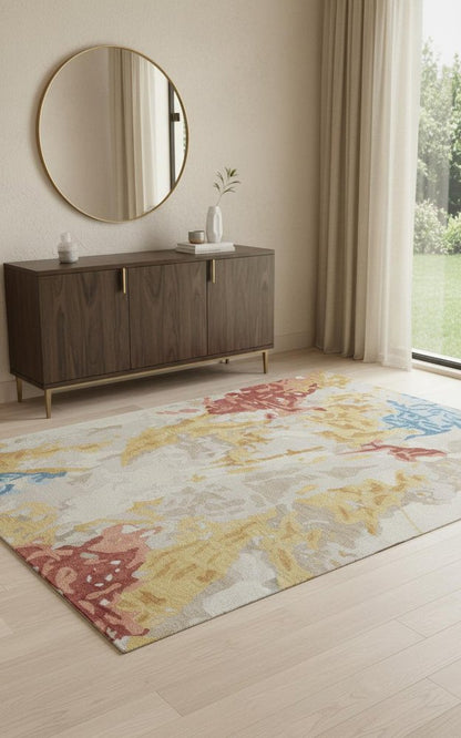 4' X 6' Ivory Yellow And Blue Wool Abstract Tufted Handmade Stain Resistant Area Rug