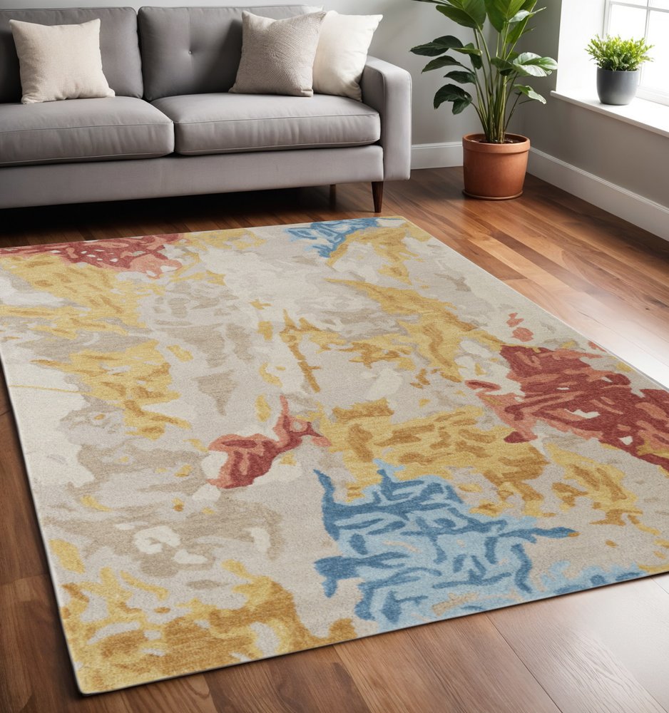 10' X 14' Ivory Yellow And Blue Wool Abstract Tufted Handmade Stain Resistant Area Rug
