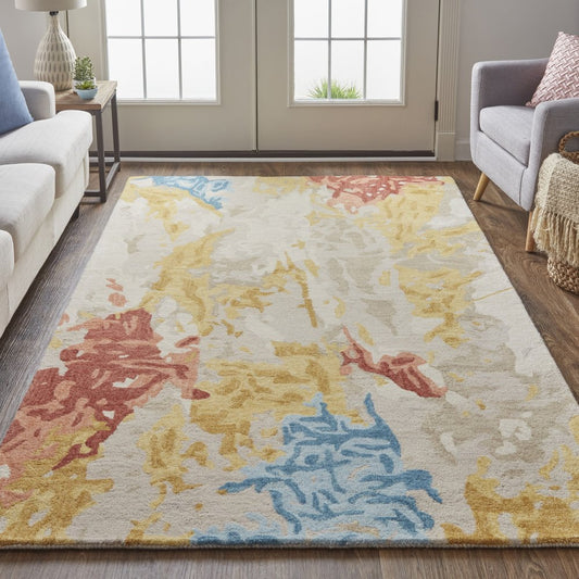 10' X 14' Ivory Yellow And Blue Wool Abstract Tufted Handmade Stain Resistant Area Rug