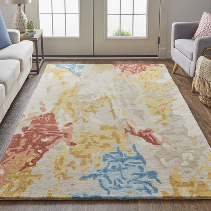 10' X 14' Ivory Yellow And Blue Wool Abstract Tufted Handmade Stain Resistant Area Rug