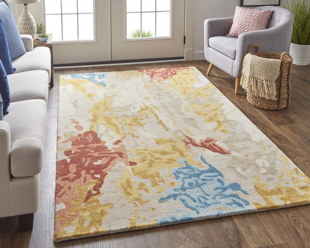 8' X 10' Ivory Yellow And Blue Wool Abstract Tufted Handmade Stain Resistant Area Rug