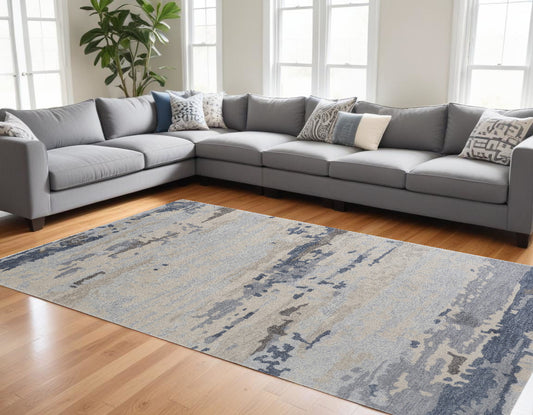 5' X 8' Blue Gray And Ivory Wool Abstract Tufted Handmade Stain Resistant Area Rug