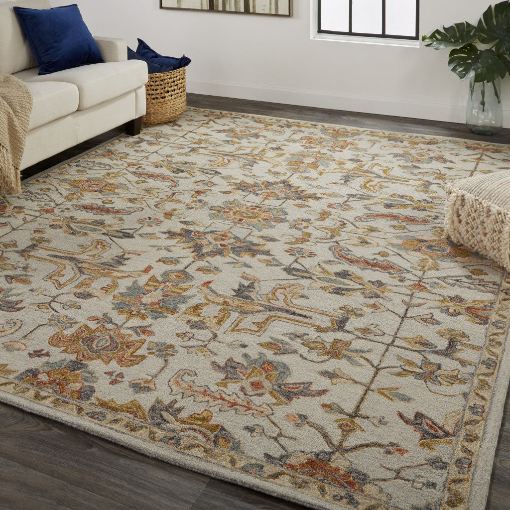 4' X 6' Gray And Gold Wool Floral Tufted Handmade Stain Resistant Area Rug