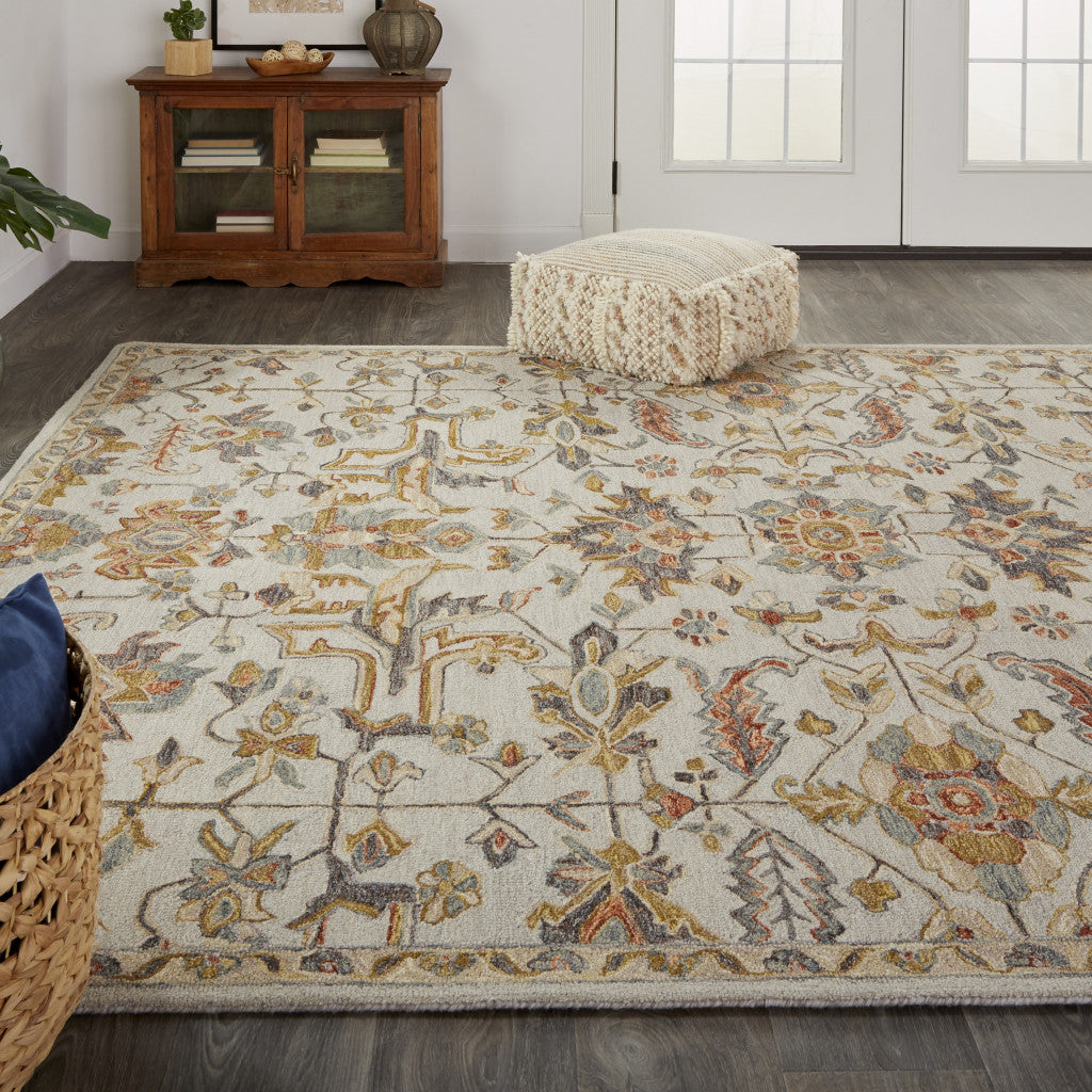 9' X 12' Gray And Gold Wool Floral Tufted Handmade Stain Resistant Area Rug